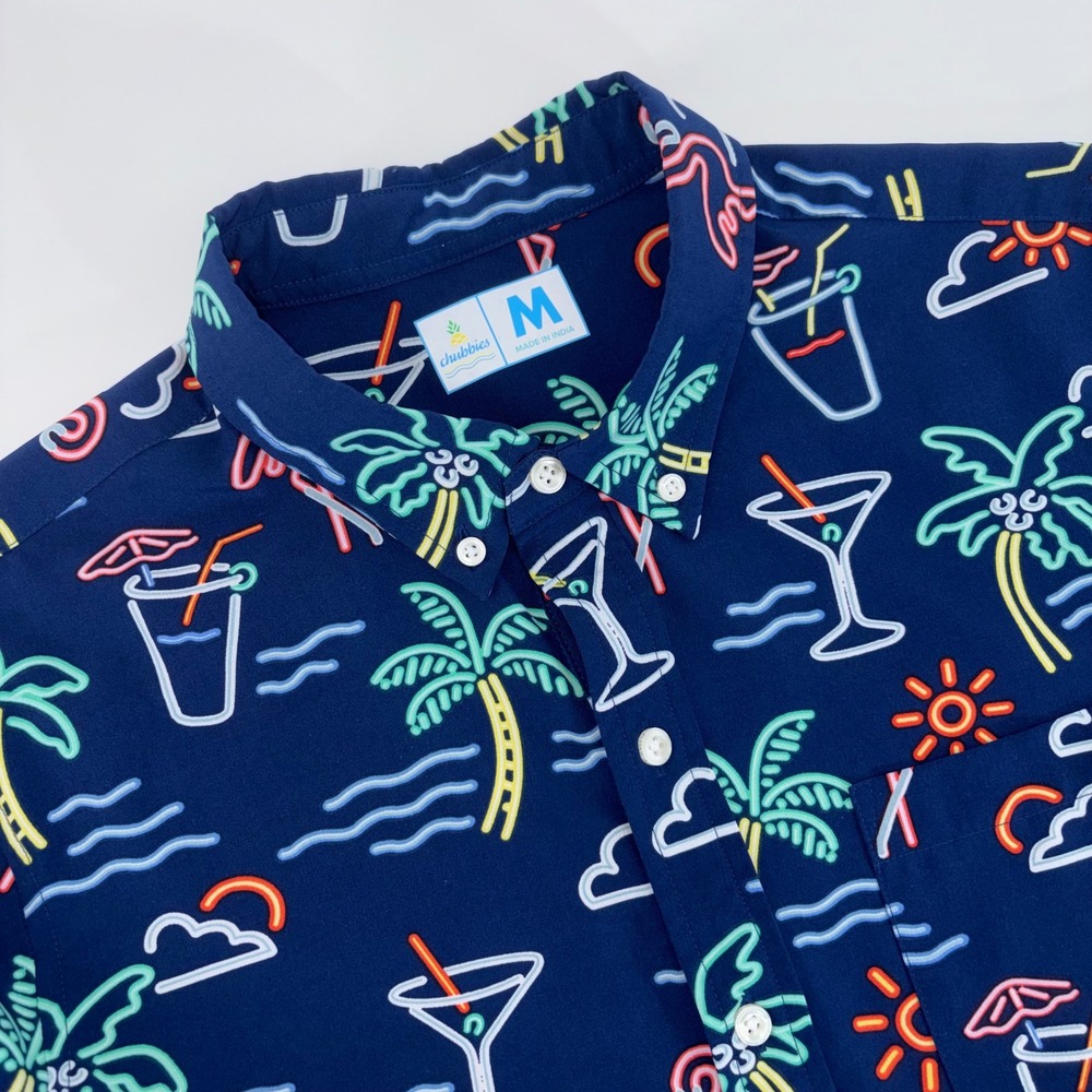Chubbies Mens Neon Tropical Flamingo Cocktail Print Button Down Shirt Blue M